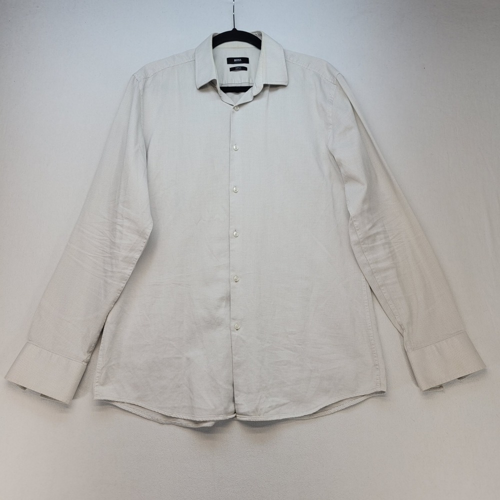 Hugo Boss Dress Shirt Men L White Micro Dot Slim‎ Fit Two Ply Long Sleeve Cotton